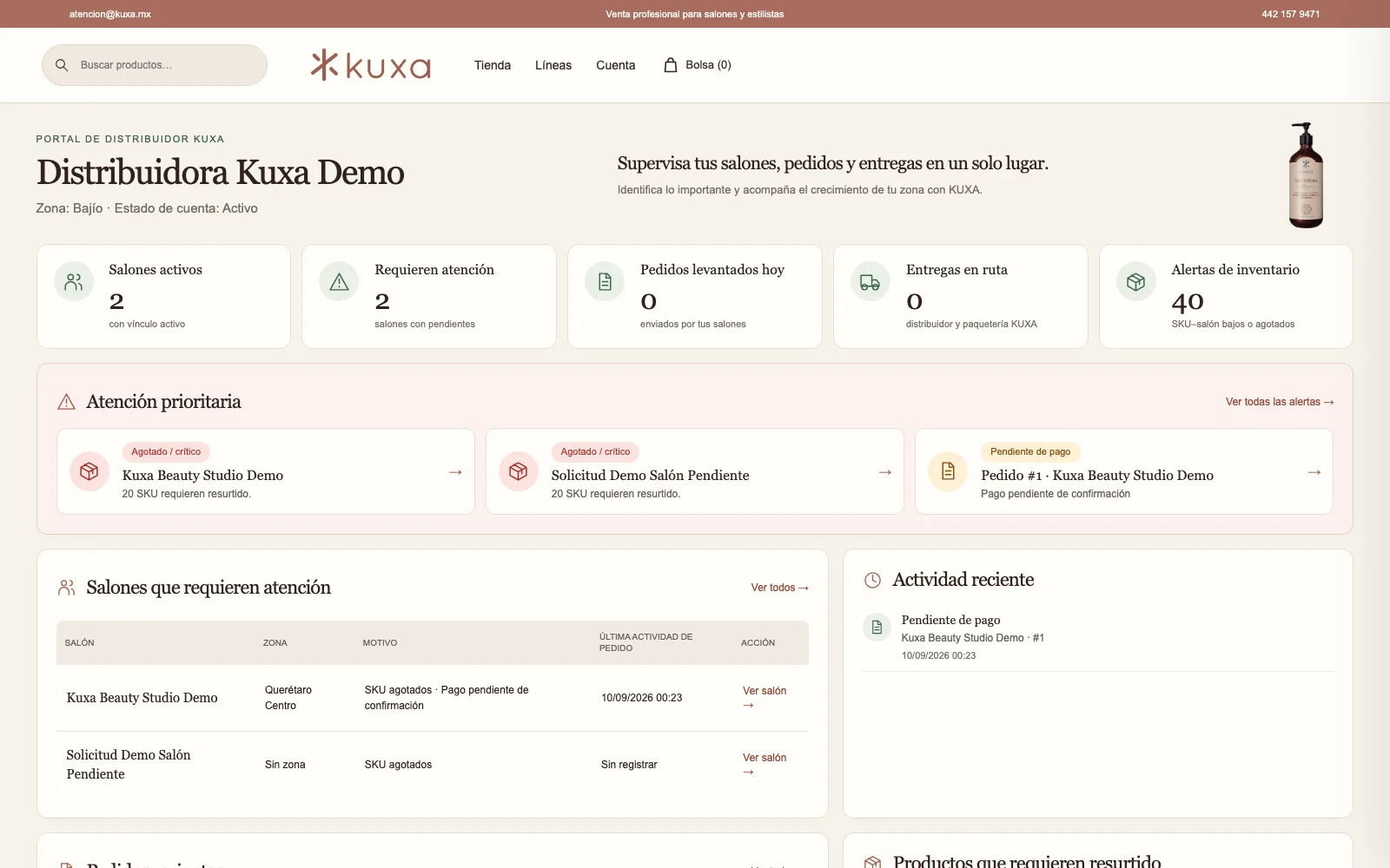 Panel del portal KUXA para distribuidores