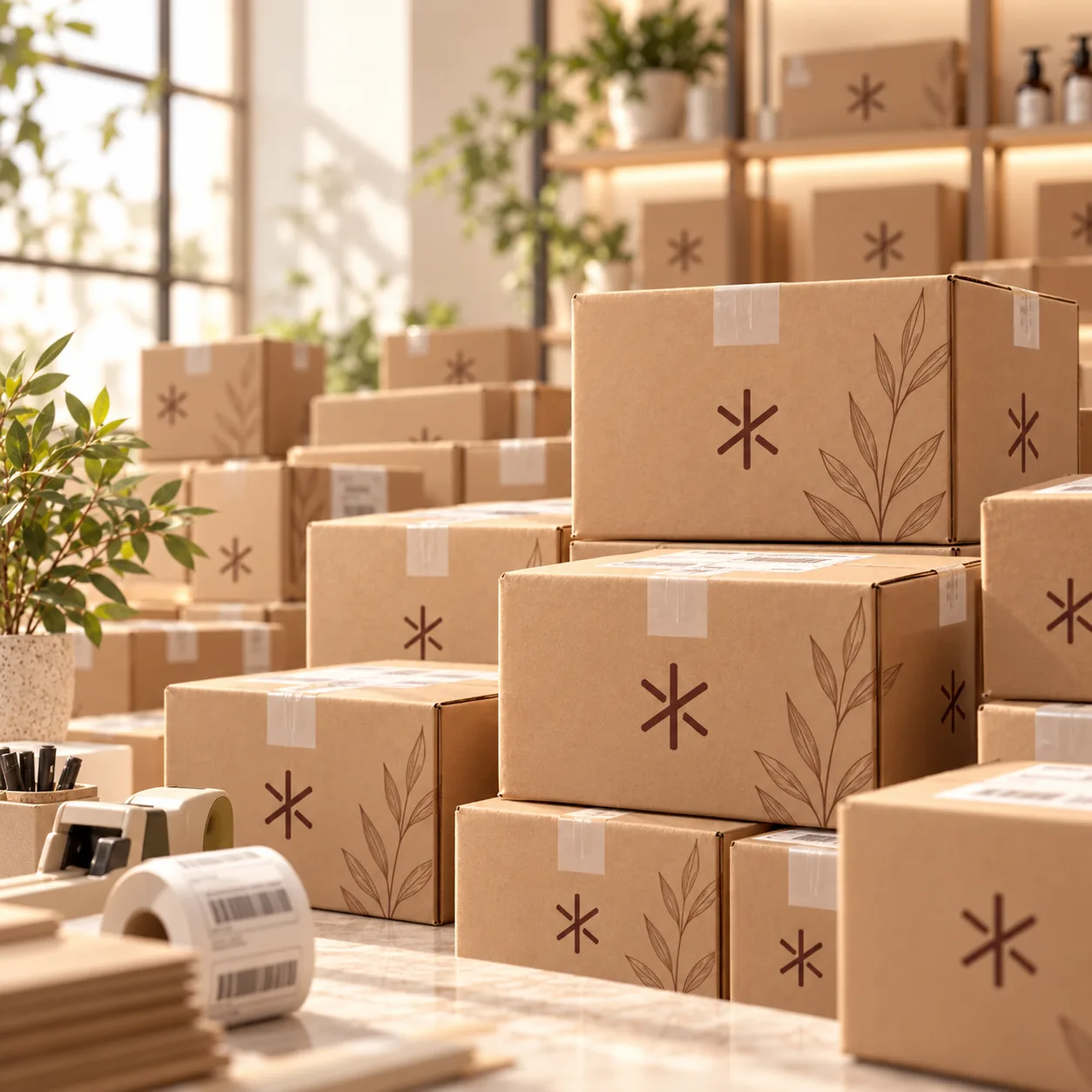 Cajas de productos KUXA listas para distribución