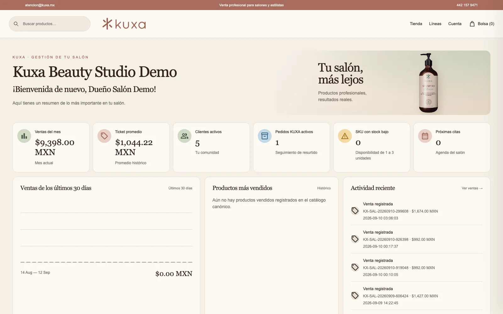 Panel principal del portal KUXA para salones